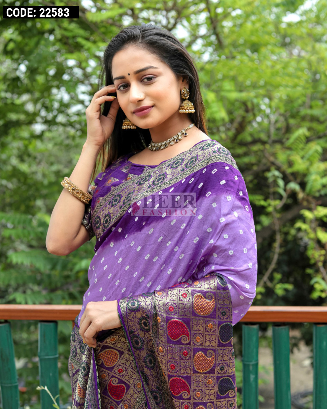 Lavender And Purple Color Hand Bandhej Silk Saree With Zari Weaving Work