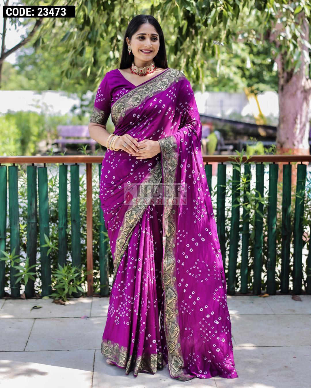 Magenta Color Pure Hand Bandhej Silk Saree With Printed Work