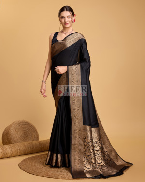 Black Color Soft Kanchipuram Silk Saree With Zari Weaving Work