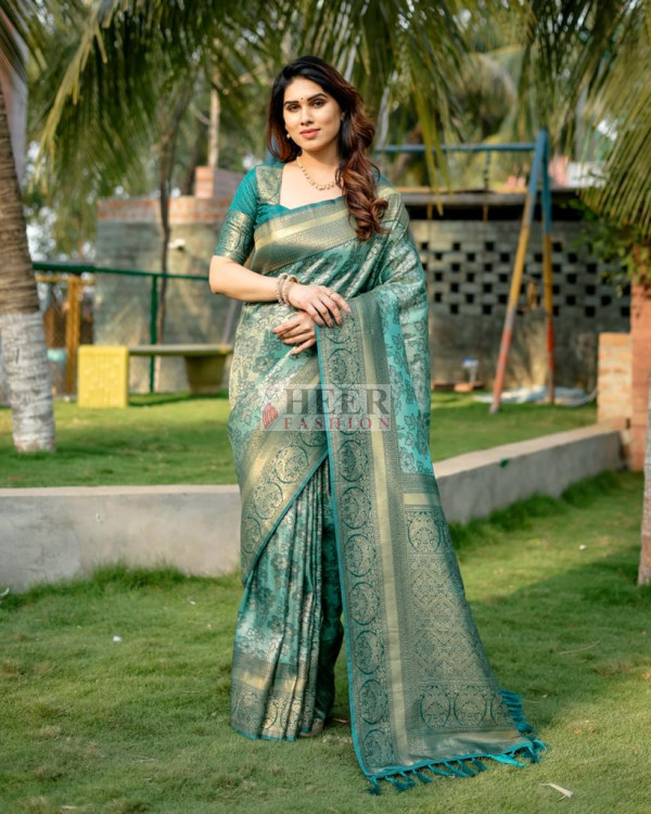 Firoji Color Kanjivaram Silk Saree With Zari Weaving Work