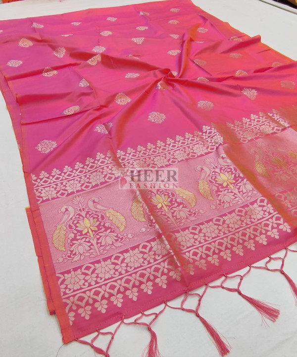 Peach Color Lichi Silk Saree With Silver Zari Weaving Work