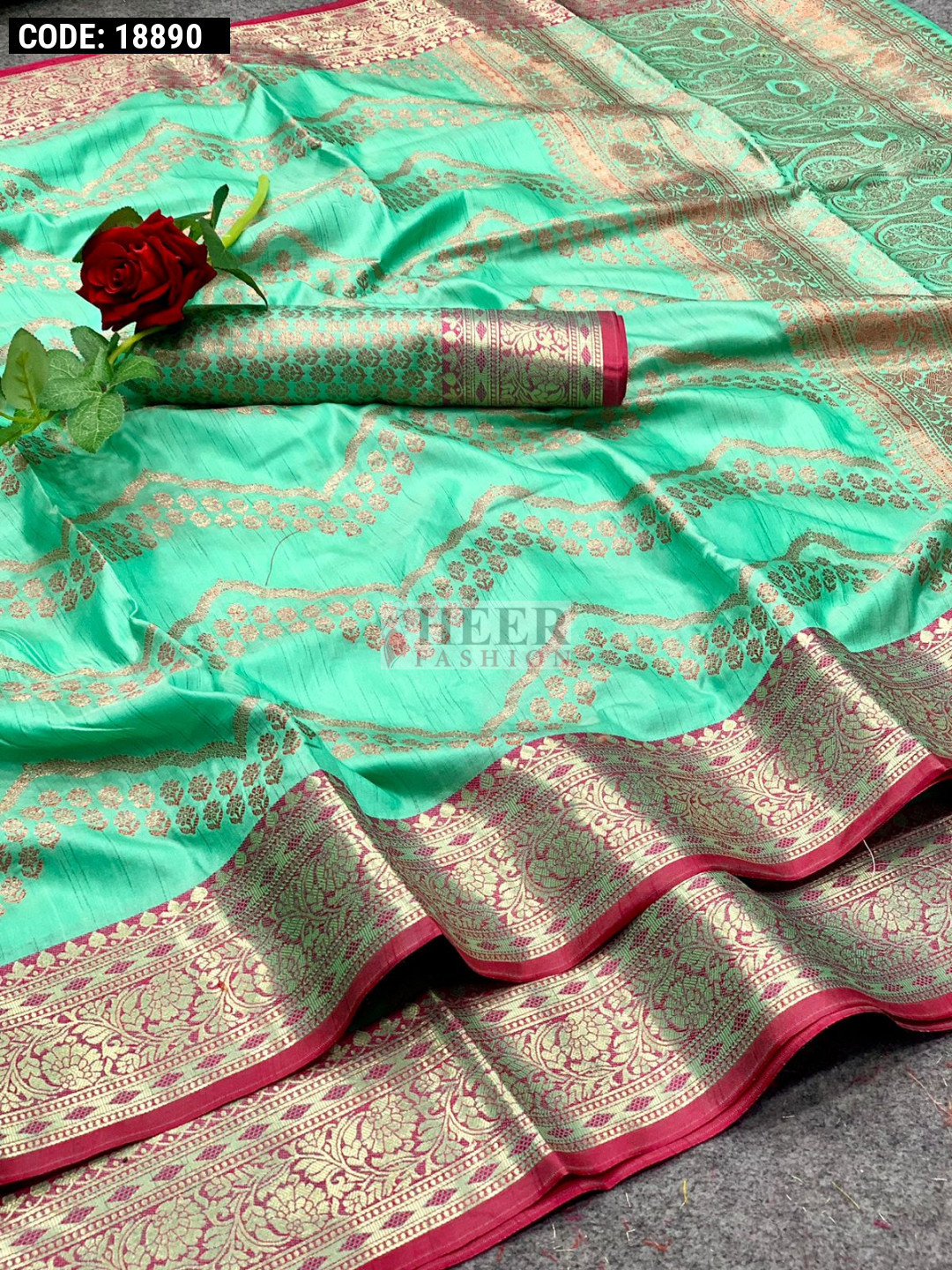 Sea Green Color Linen Silk Saree With Golden Zari Weaving Work