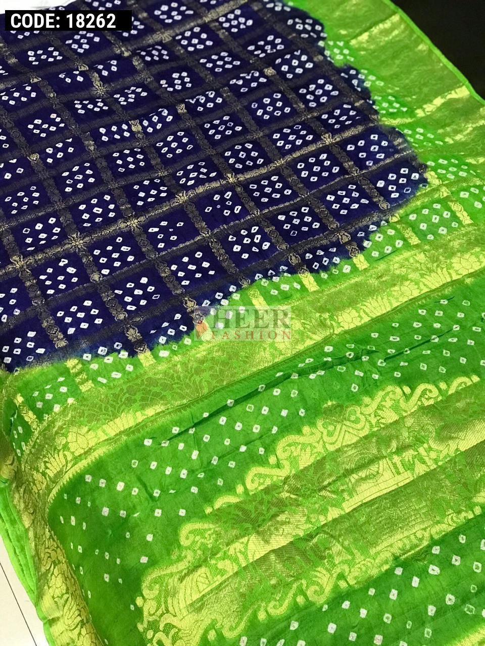 Navy Blue And Parrot Green Color Pure Hand Bandhej Silk Saree With Zari