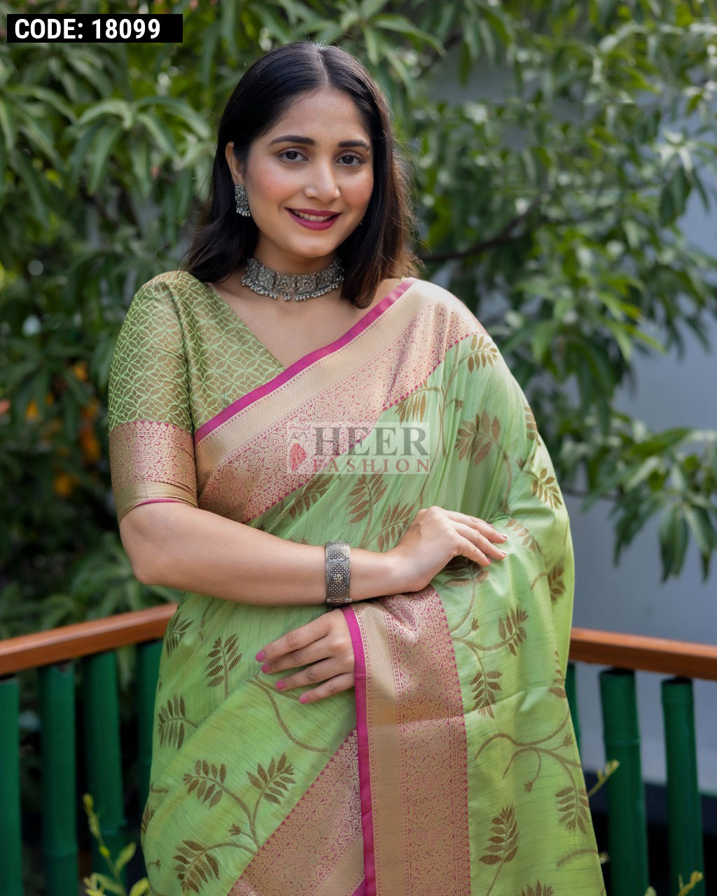 Pista Green Color Linen Silk Saree With Golden Zari Weaving Work