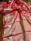 Peach color lichi silk saree with silver zari weaving work
