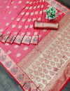 Peach color banarasi soft silk saree with zari weaving work