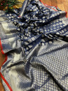 Blue color lichi silk saree with silver zari weaving work