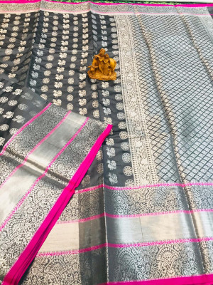 gray color lichi silk saree with zari weaving work