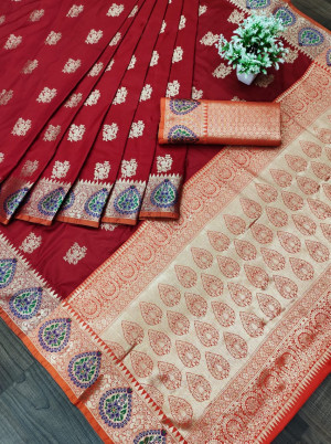 Maroon color banarasi soft silk saree with zari weaving work