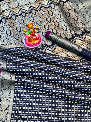 Navy blue color soft lichi silk weaving saree