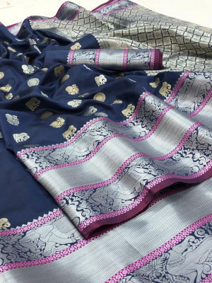 Navy blue color kanchipuram soft silk zari work saree