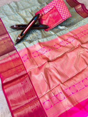 Sea green color kanchipuram handloom weaving silk saree
