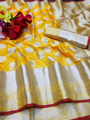 Yellow color Lichi silk Zari weaving work saree