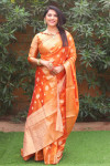 Orange color organza silk saree with golden zari weaving work