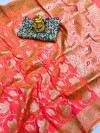 Peach color kanchipuram silk saree with golden zari work