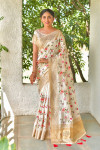 Cream color linen saree with embroidered and stone work