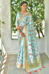 Firoji color linen saree with embroidered and stone work