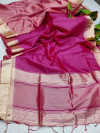 Rani pink color tussar silk saree with zari woven work