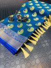 Blue color pure kora muslin silk saree with zari work