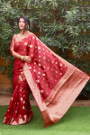 Maroon color organza silk saree with golden zari weaving work