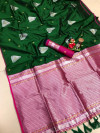 Green color soft lichi silk saree with silver zari weaving work