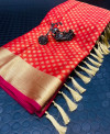 Red color pure kora muslin silk saree with zari work