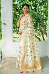 Yellow color linen saree with embroidered and stone work