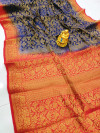 Navy blue color pure muslin silk saree with golden zari woven work