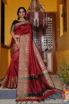 Red color raw silk weaving saree with temple woven border