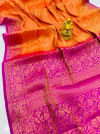 Orange color pure muslin silk saree with golden zari woven work