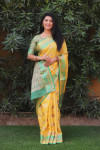 Yellow color soft cotton saree with golden zari weaving work