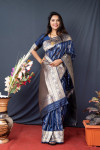 Navy blue color soft kanchipuram silk saree with zari weaving work
