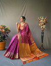 Purple color kanchipuram silk saree with golden zari woven work