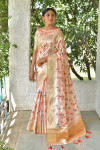 Peach color linen saree with embroidered and stone work