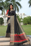 Black color raw silk weaving saree with temple woven border