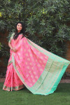 Baby pink color soft cotton saree with golden zari weaving work