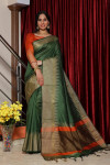 Dark green color raw silk weaving saree with temple woven border