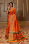 Orange color raw silk weaving saree with temple woven border