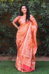 Peach color soft cotton saree with golden zari weaving work