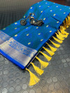 Blue color pure kora muslin silk saree with zari work