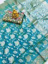 Sea green color kanchipuram silk saree with golden zari work