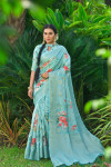 Blue color Soft Muga Silk Weaving digital printed  saree