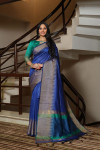Royal blue color raw silk weaving saree with temple woven border