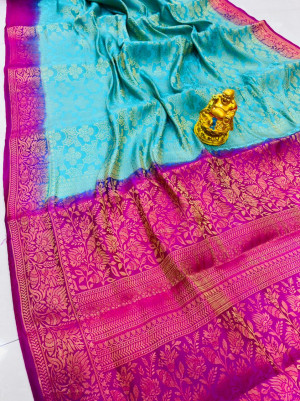Sky blue color pure muslin silk saree with golden zari woven work
