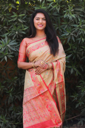 Beige color soft cotton saree with golden zari weaving work