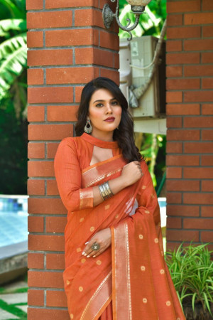 Orange color soft cotton saree with woven border