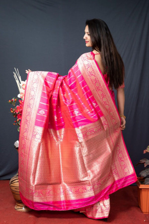 Pink color soft kanchipuram silk saree with zari weaving work