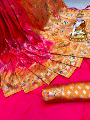 Gajari color bandhani silk saree with golden zari weaving work