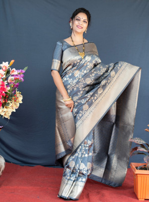 Gray color kanchipuram silk saree with  zari woven work