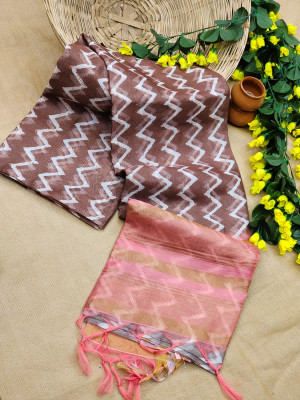 Brown color soft linen saree with zari weaving work